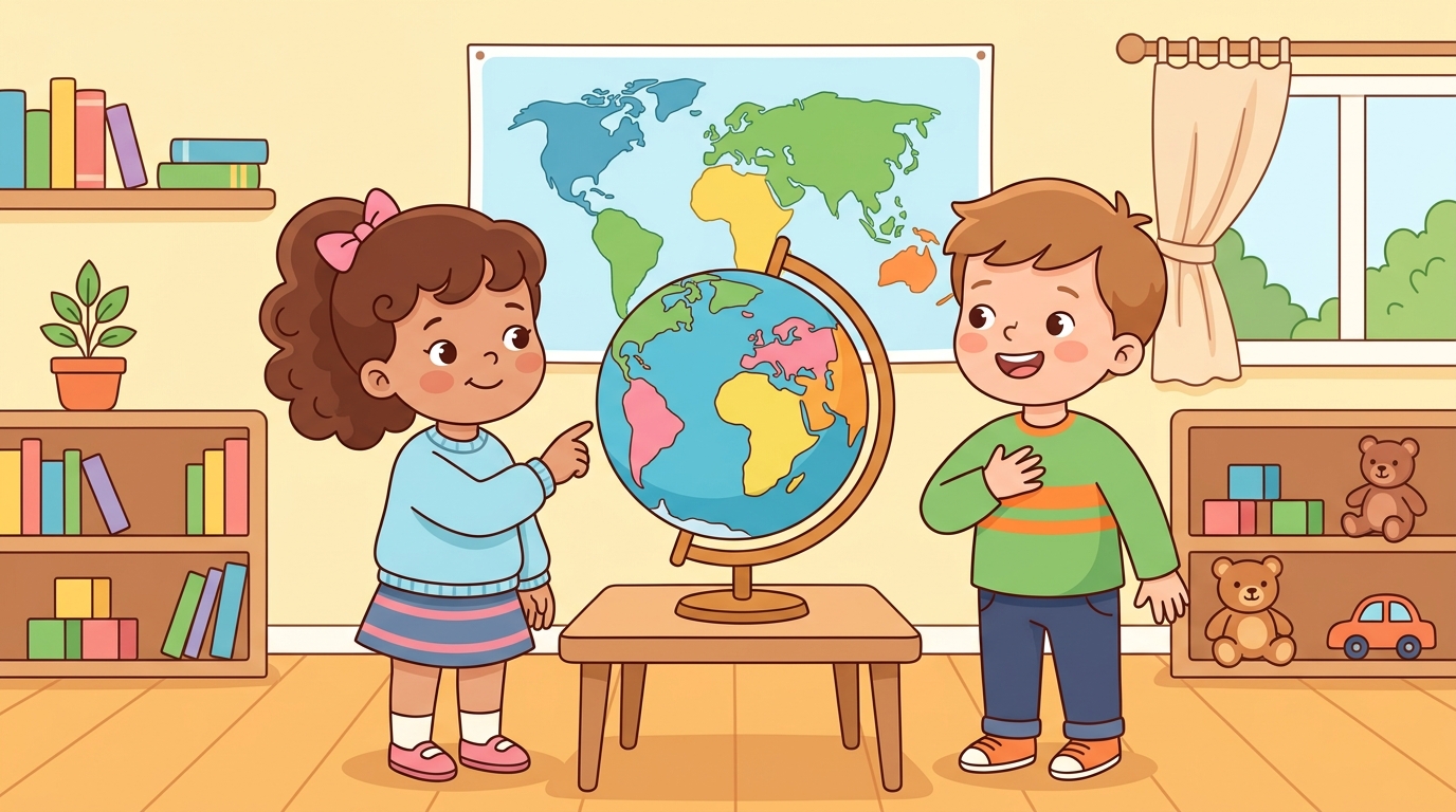 A girl points at a colorful globe while a boy gestures at himself, with a world map poster on the classroom wall